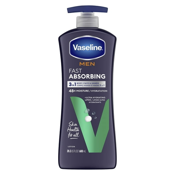 Vaseline Men Fast Absorbing 3-In-1 Face, Hands & Body Lotion For Men, For Dry Skin, Absorbs In Just 15 Seconds For Moisturized Skin 20.3 Oz