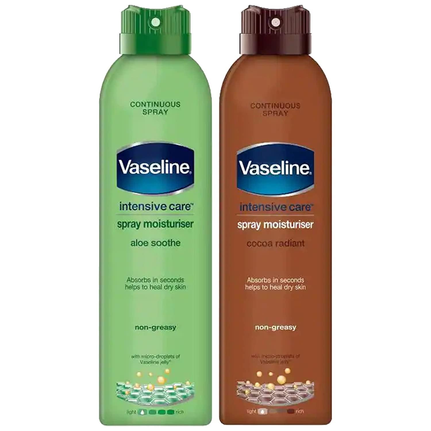 Vaseline Spray and Go Moisturizer, Cocoa Radiance and Aloe Soothe Combo,  6.5 Ounce Each