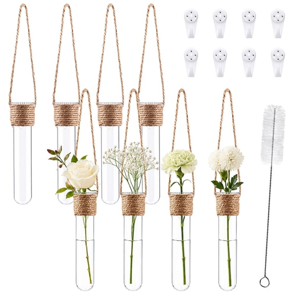 8 Pcs Test Tube Vases, Wall Hanging Glass Design, 4.3 x 1.0 x 1.1 in|Rope-Wrapped Detail, 8 Nail Hooks & Cleaning Brush, for Cut Flowers and Plant Stems
