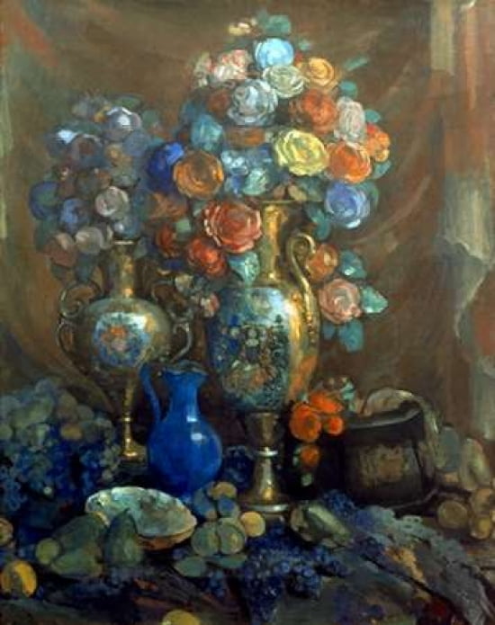 Vases Flowers Fruits 1912 Canvas Art - Nikolai Sapunov (24 x 30)