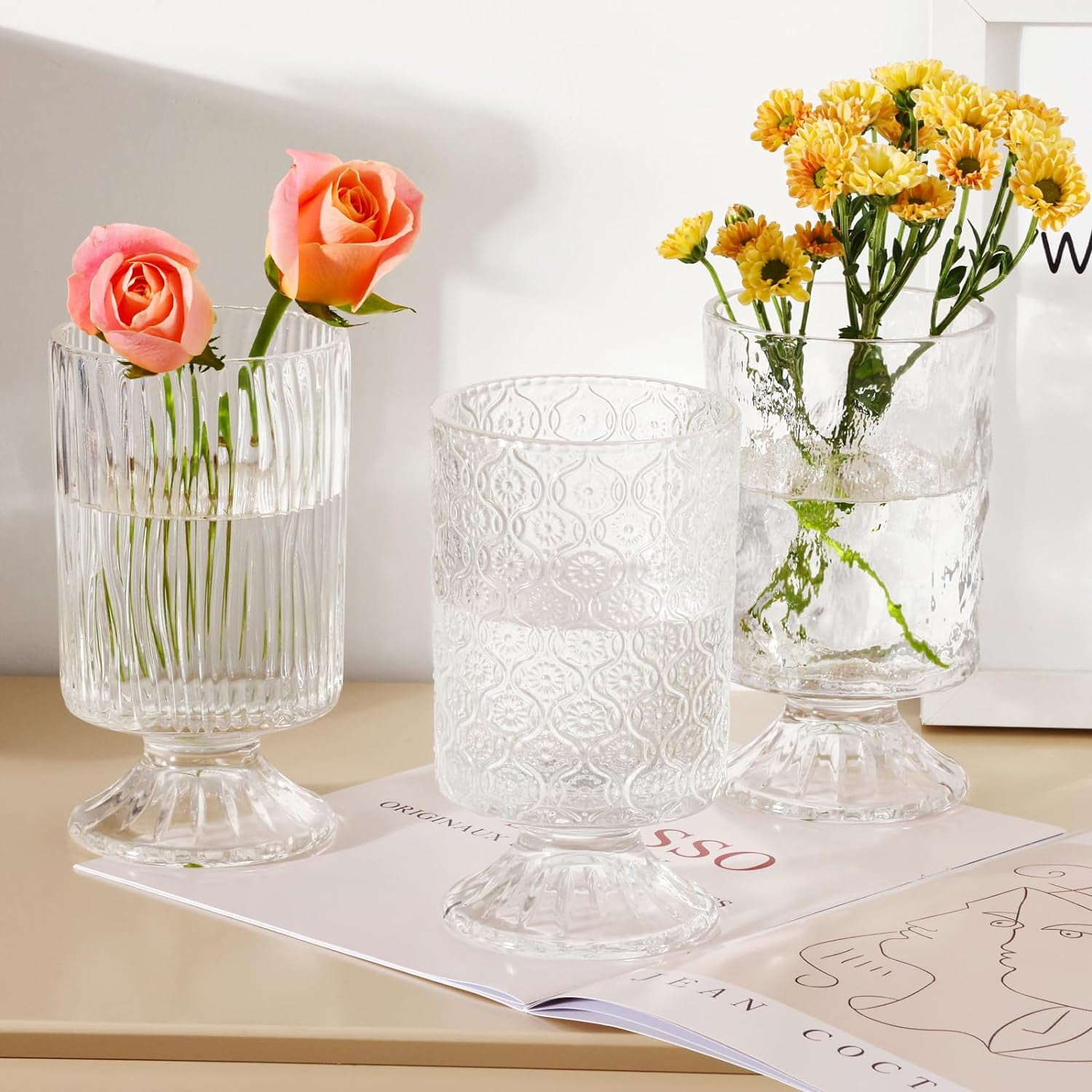 Set of 3 Clear Embossed Glass Vases for Wedding Centerpieces