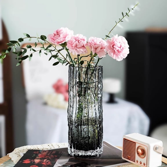 Vases,Portable Transparent Textured Ribbed Glass Vase, Elegant Tall Cylindrical Flower Holder with Unique Surface Design,Suitable for Home Bedroom,Balcony and Office