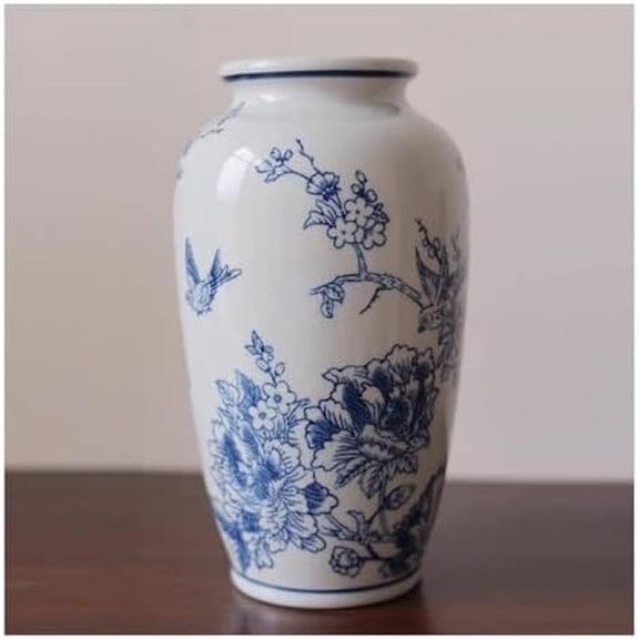 Vases Vase Ceramic Flower Vase 10.6In Blue White Ceramic Vase, Celadon Porcelain Flower Bird Vase, Vintage Home Decor for Living Room, Entryway, Bedroom, Display Shelf,B Desktop Ornaments