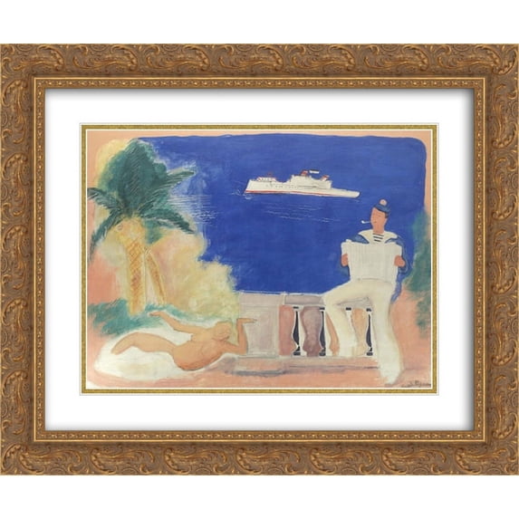Vasile Popescu 2x Matted 24x20 Gold Ornate Framed Art Print 'Composition with Sailor and Siren'