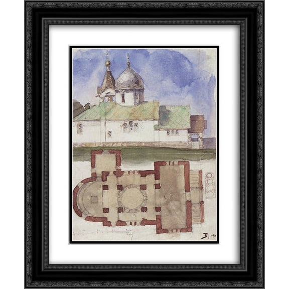 Vasily Polenov 2x Matted 20x24 Black Ornate Framed Art Print 'Sketch and floor plan of Holy Trinity Church in Biokhovo village'