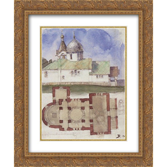 Vasily Polenov 2x Matted 20x24 Gold Ornate Framed Art Print 'Sketch and floor plan of Holy Trinity Church in Biokhovo village'