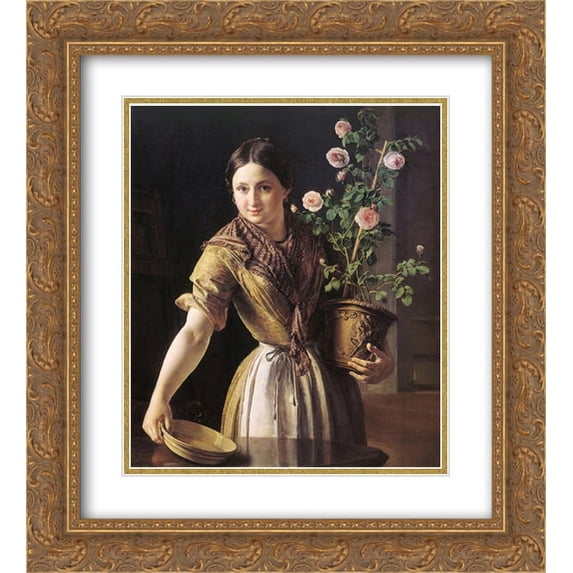 Vasily Tropinin 2x Matted 20x24 Gold Ornate Framed Art Print 'A girl with a pot of roses'