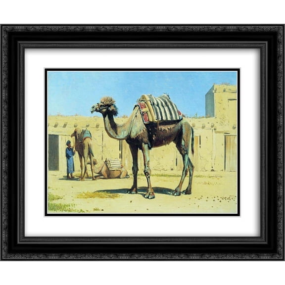 Vasily Vereshchagin 2x Matted 24x20 Black Ornate Framed Art Print 'Camel in the courtyard of caravanserai'