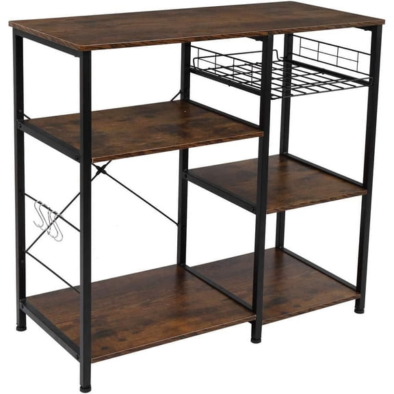 Vasitelan Kitchen Bakers Rack, Coffee Bar, Microwave Oven Stand, with Steel Frame, Wire Basket, 5 Hooks, Rustic Brown