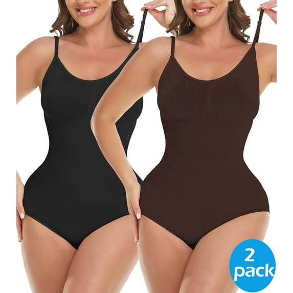 Vaslanda 2 Pack Bodysuit for Women - Seamless Sleeveless Adjustable Spaghetti Strip Tops Shapewear Bodysuits