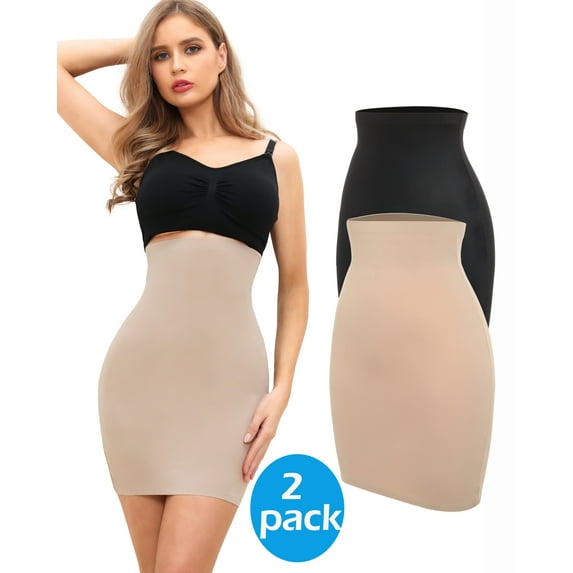 Vaslanda 2 Pack Shapewear Dress Slip for Under Dresses Half Slip Tummy Control Seamless Slimming Slip Body Shaper