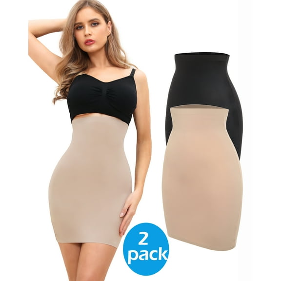 Vaslanda 2 Pack Shapewear Dress Slip for Under Dresses Half Slip Tummy Control Seamless Slimming Slip Body Shaper