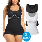 Vaslanda 2 Packs Compression Tank Cami With Built in Padded Bra - Tummy and Waist Control Body Shapewear Camisole for Women