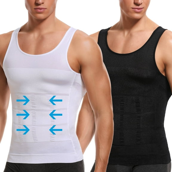 Vaslanda 2 Packs Men Slimming Body Shaper Vest Compression Shirt Gym Workout Tank Top Sleeveless Abdomen Shapewear