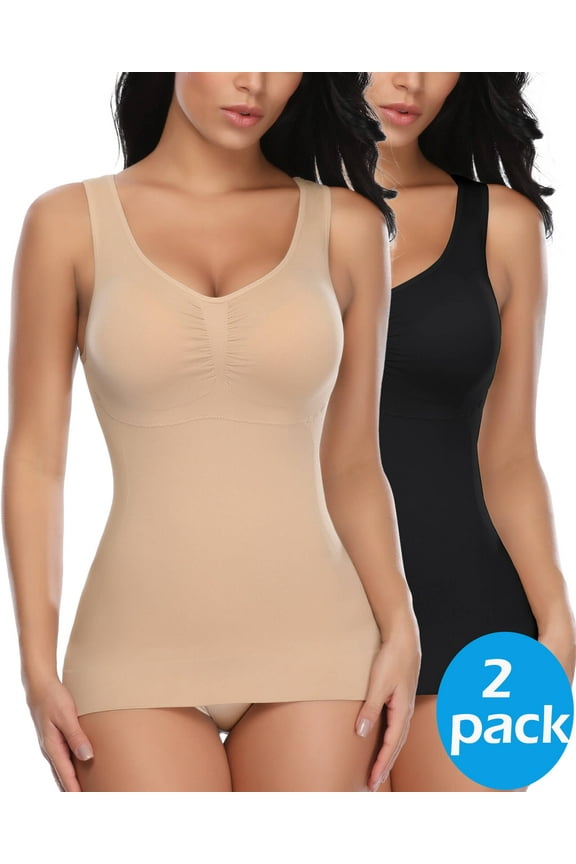 2 Packs Women's Shapewear Camisole with Built-in Bra - Tummy Control Compression Tank Tops