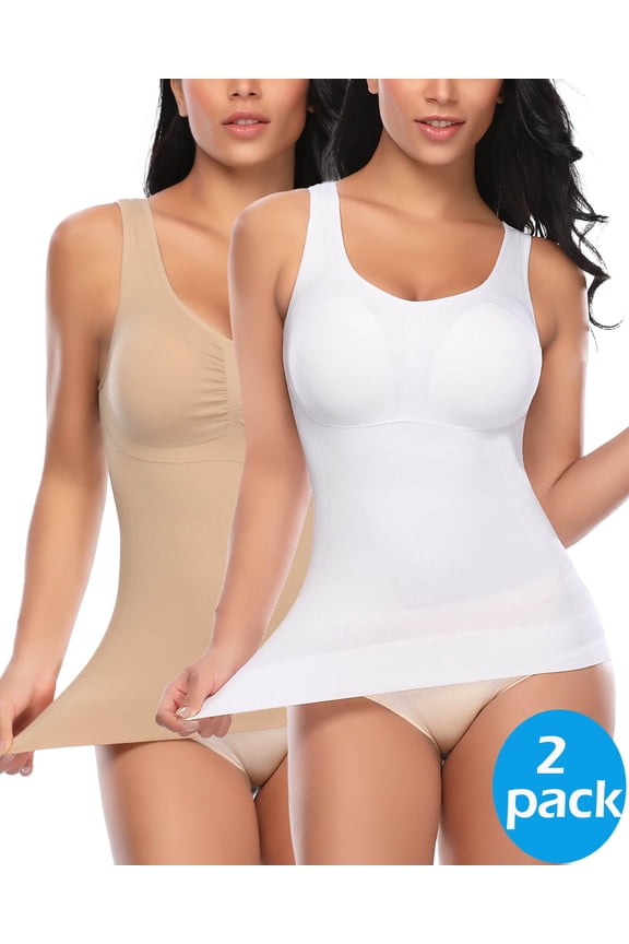 2 Packs Women's Shapewear Camisole with Built-in Bra - Tummy Control Compression Tank Tops