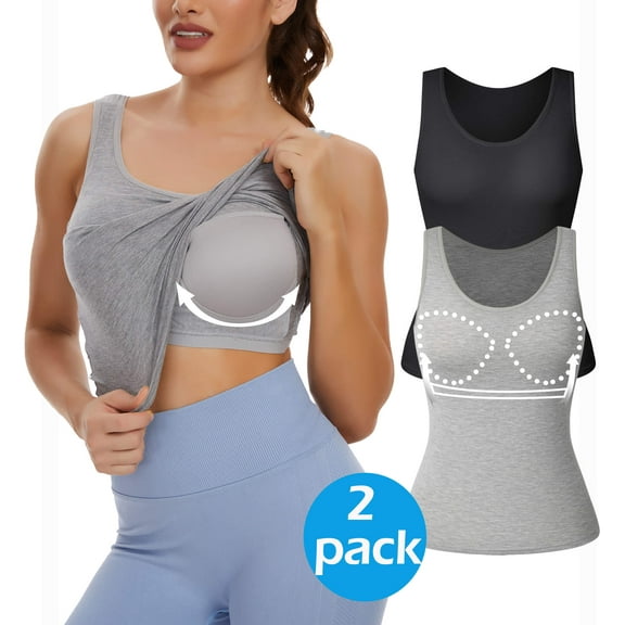 Vaslanda 2 Packs Women's Tank Top with Built in Bra Sleevless Scoop Neck Cute Summer Shirt Top