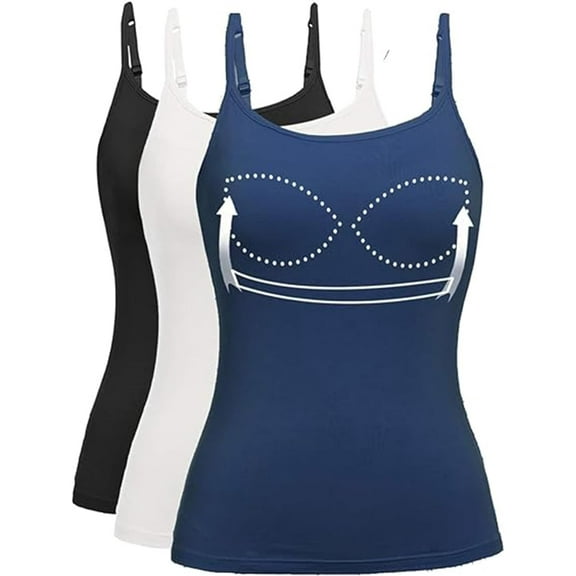 Vaslanda 3 Packs Camisole Tops for Women with Built in Padded Bra Adjustable Spaghetti Strap Summer Tank Tops