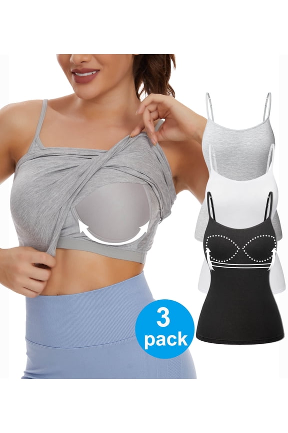 3 Packs Camisole Tops for Women with Built in Padded Bra Adjustable Spaghetti Strap Summer Tank Tops