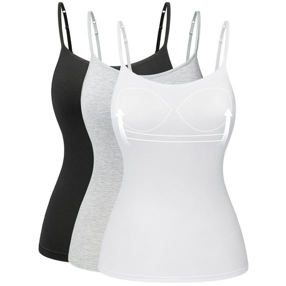 Vaslanda 3 Packs Camisole Tops for Women with Built in Padded Bra Adjustable Spaghetti Strap Summer Tank Tops