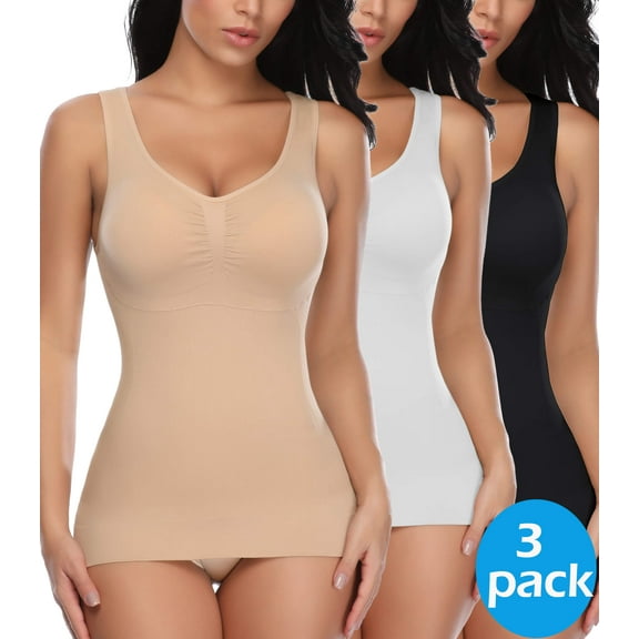 Vaslanda 3 Packs Women's Shapewear Camisole with Built-in Bra - Tummy Control Compression Tank Tops