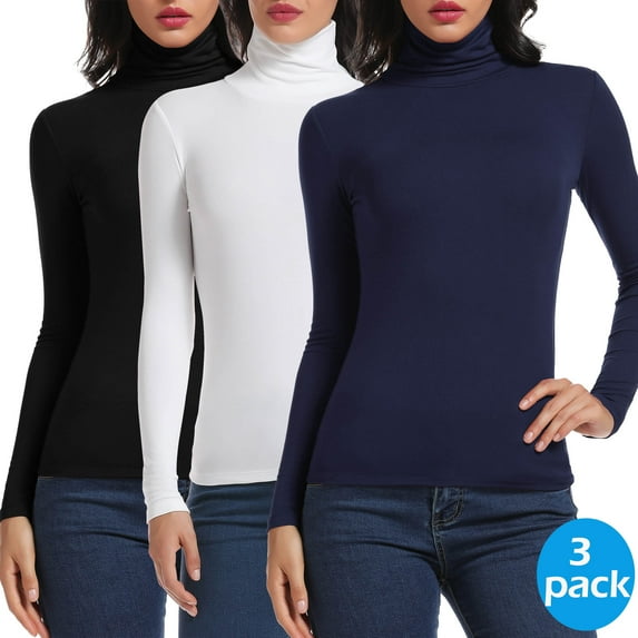 Vaslanda 3 Packs Women's Slim Fitted Mock Turtleneck Tops Long Sleeve Lightweight Shirts for Fall Winter