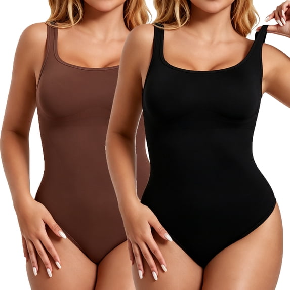Vaslanda 2PCS Shapewear Bodysuit for Women Square Neck Tummy Control Tank Top Seamless Body Shaper