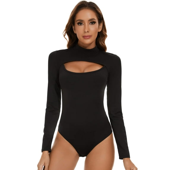 Vaslanda Mock Neck Cutout Front T Shirt Long Sleeve Bodysuit for Women