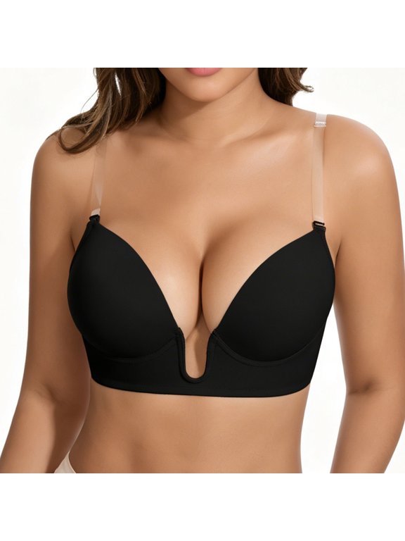 Plunge Bras for Women Low Cut Wireless Bra Underwire Convertible Push up Halter Bra with Clear Straps