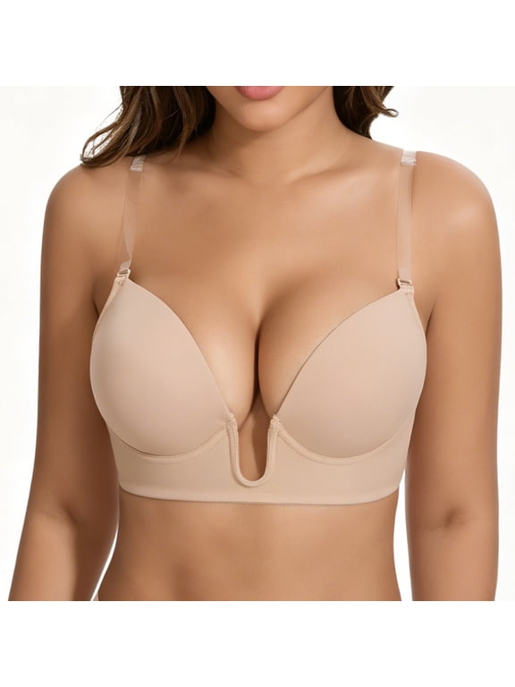 Plunge Bras for Women Low Cut Wireless Bra Underwire Convertible Push up Halter Bra with Clear Straps
