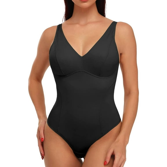 Vaslanda Women Thong Shapewear Bodysuit Tops with Built-in Bra Pads Smooth Tummy Control Body Shaper