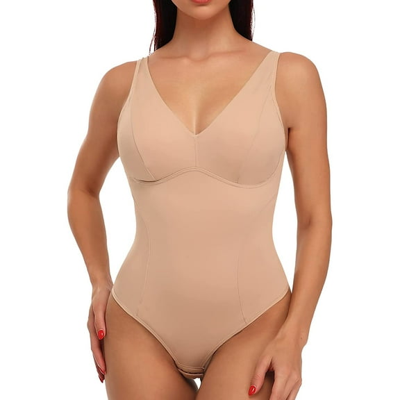 Vaslanda Women Thong Shapewear Bodysuit Tops with Built-in Bra Pads Smooth Tummy Control Body Shaper
