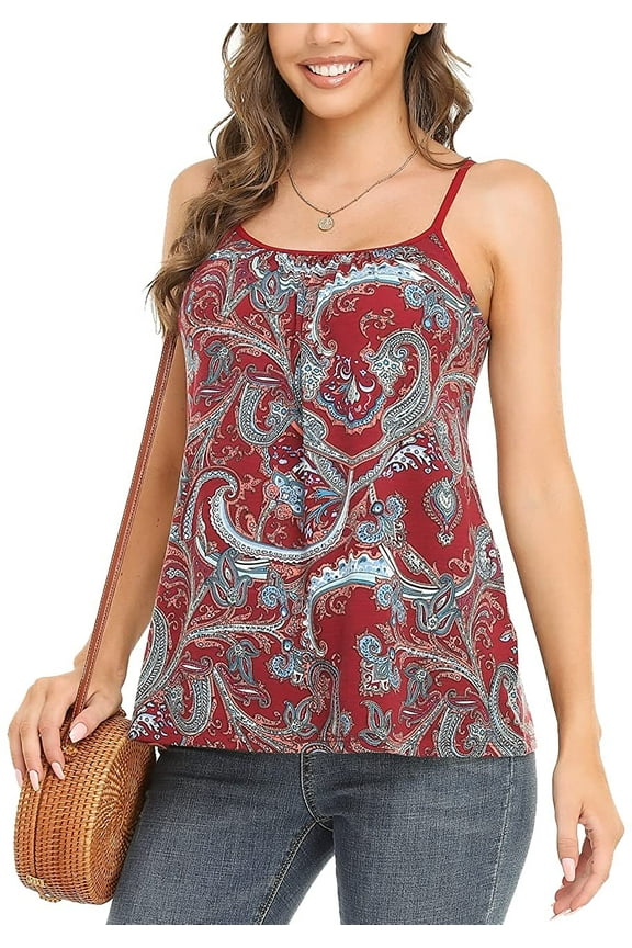 Women's Cami with Built in Bra Cup Casual Flowy Swing Pleated Tank Top with Adjustable Strap (S-4XL)