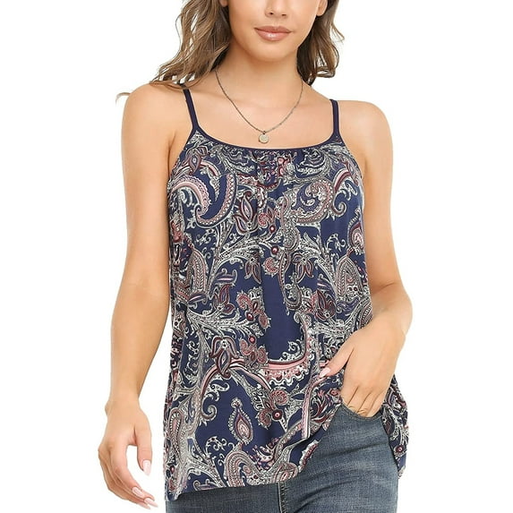 Vaslanda Women's Casual Floral Print Spaghetti Strap Camisoles with Built in bra Summer Sleeveless Tank Shirts