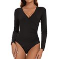 thumbnail image 1 of Vaslanda Women's Cross Wrap Ruched Plunge Neck Deep V Long Sleeve Bodysuits, 1 of 5