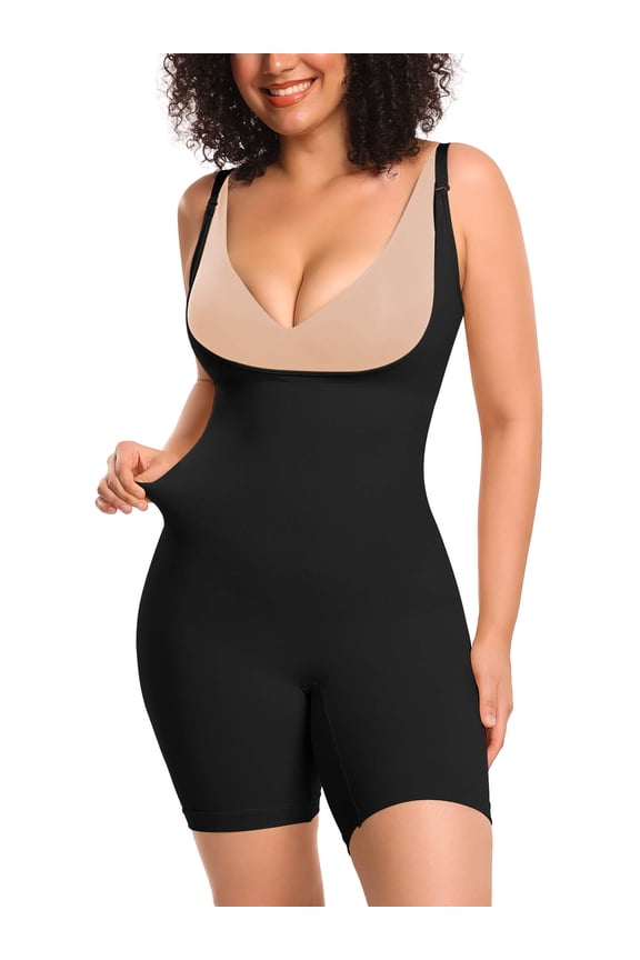 Women's Open Bust Tummy Control Shapewear Bodysuit Seamless Mid-Thigh Body Shaper for a Snatched Waist