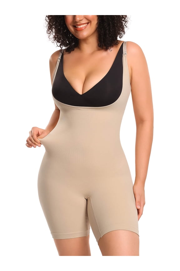 Women's Open Bust Tummy Control Shapewear Bodysuit Seamless Mid-Thigh Body Shaper for a Snatched Waist