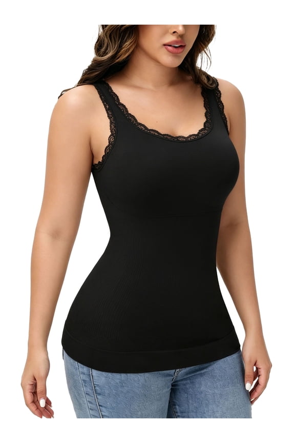 Womens Lace Cami Shaper for Tummy Control Shapewear Camisole Crew Neck Sleeveless Tops Casual Going Out Trim Cami