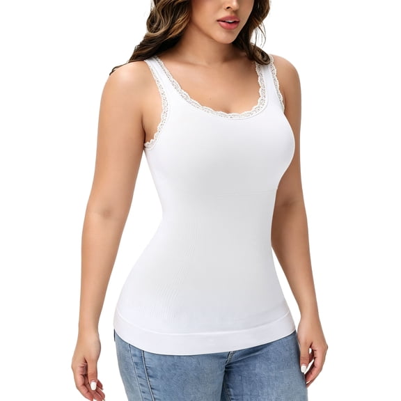 Vaslanda Womens Lace Cami Shaper for Tummy Control Shapewear Camisole Crew Neck Sleeveless Tops Casual Going Out Trim Cami