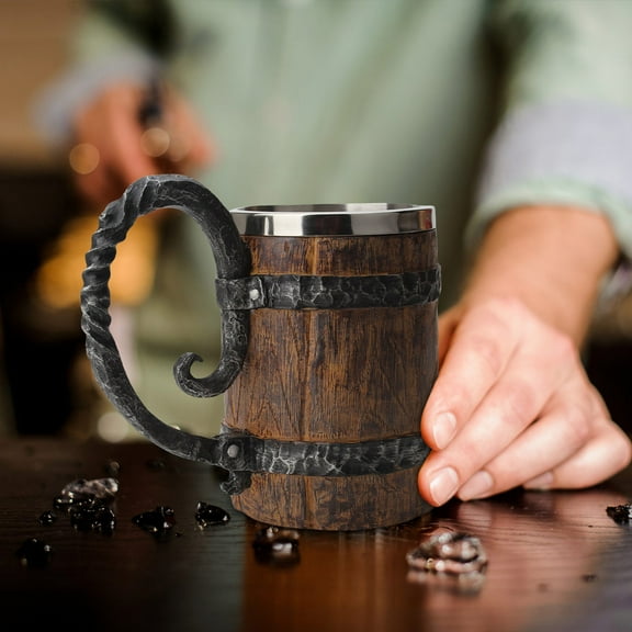 Vaso de cerveza de barril de madera hecho a mano con forma de vaso de vidrio con asa, vaso de cóctel de acero inoxidable de doble pared para bar