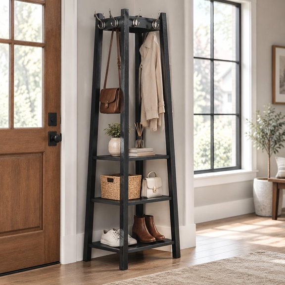 Vassen Coat Rack, 3-Tier Storage Shelves, Black Finished Wood, 17.5 x 17.5 x 72 in, Silver Hooks, Entryway and Hallway Organizer