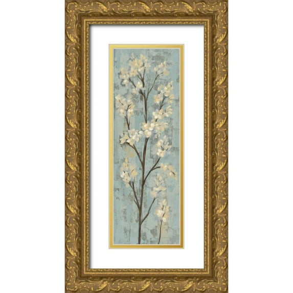 Vassileva, Silvia 11x24 Gold Ornate Wood Framed with Double Matting Museum Art Print Titled - Almond Branch I on Light Blue