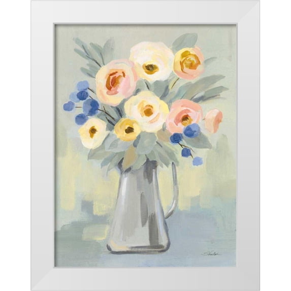 Vassileva, Silvia 12x14 White Modern Wood Framed Museum Art Print Titled - Pale Flowers on Sage