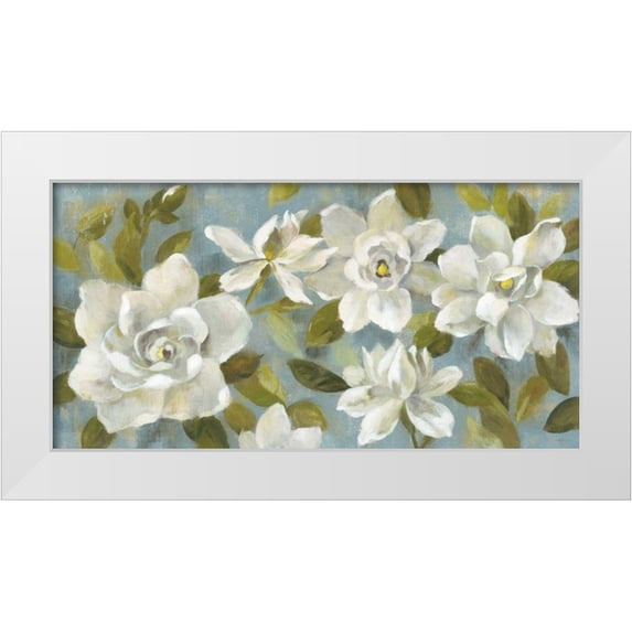 Vassileva, Silvia 14x9 White Modern Wood Framed Museum Art Print Titled - Gardenias on Slate Blue