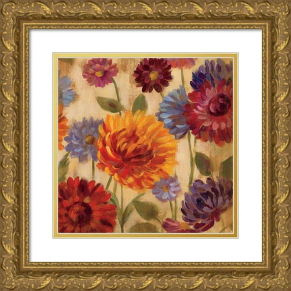 Vassileva, Silvia 15x15 Gold Ornate Wood Framed with Double Matting Museum Art Print Titled - Rainbow Dahlias Crop III