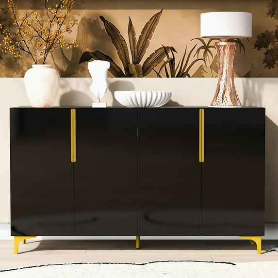 Vastcury 4-Door 55" Glossy Finish Light Luxury Storage Sideboard Cabinet, Accent Buffet with Adjustable Shelf for Living Room, Black
