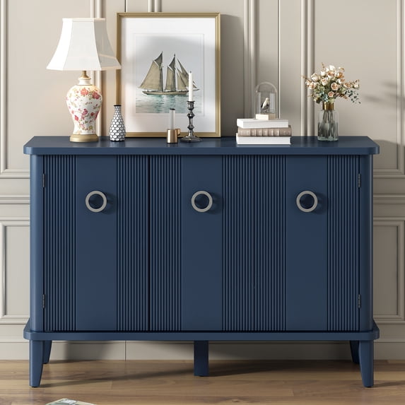 Vastcury 47.2" Storage Sideboard Cabinet with 3 Acacia Doors, Simple Buffet Cabinet with Metal Handles for Living Room, Navy Blue