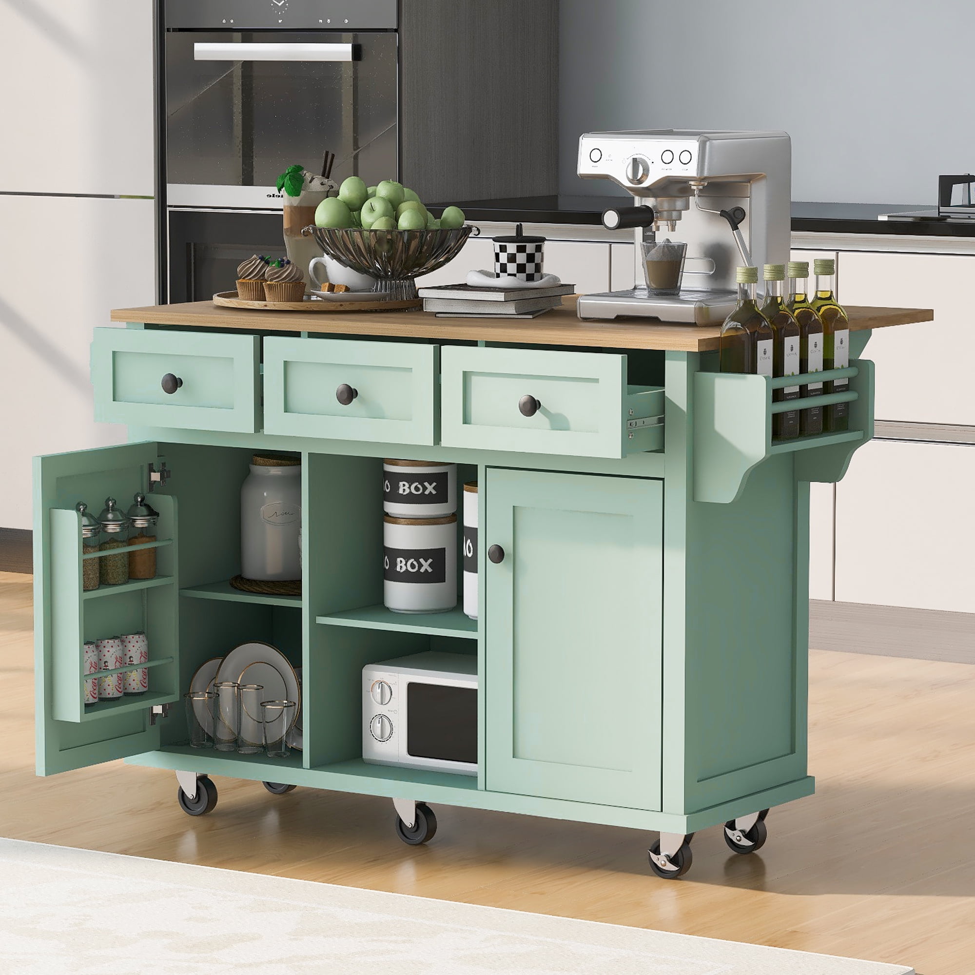 Kitchen handcart with rubber wood leaf countertop, storage cabinet, shelf, and 3 dining room drawers, gray blue