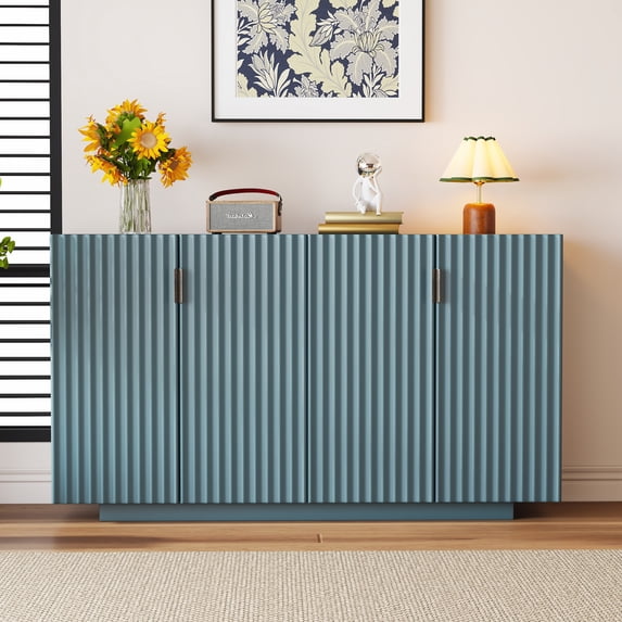 Vastcury 59.8" Retro 4 Door Storage Sideboard Cabinet with Copper Handles, Accent Cabinets Credenza with Wavy Doors for Living Room, Antique Blue