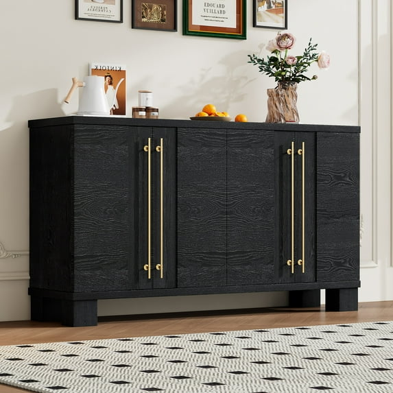 Vastcury 60" Traditional Style 4 Door Kitchen Sideboard Cabinet, Storage Coffee Bars with Gold Handles for Living Room, Black